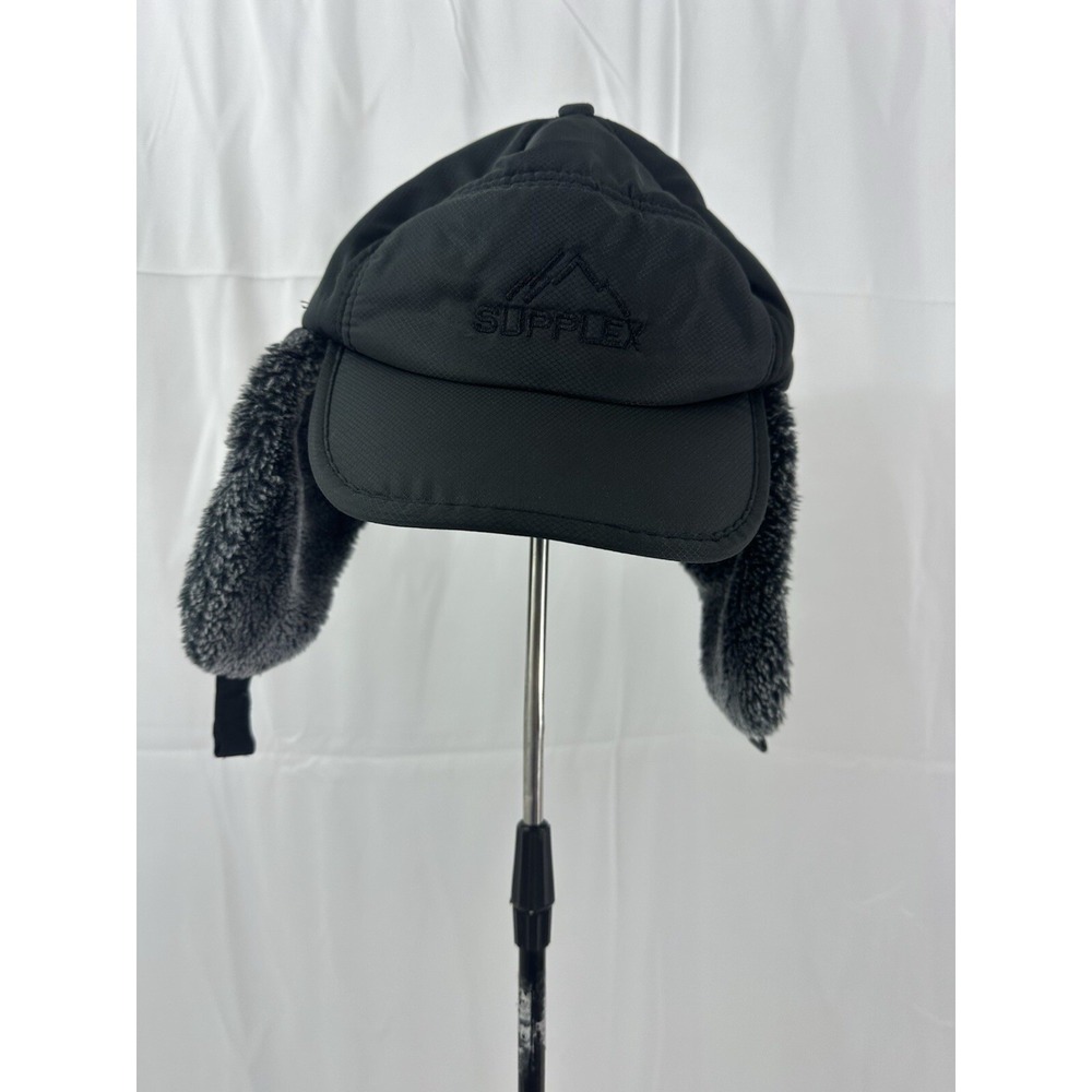 Supplex Black Nylon Trapper Hat Faux Fur Lined Winter Aviator Cap Adjustable